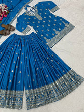 Trendy Sky Blue Chinnon Silk Sequence Work Sharara Suit